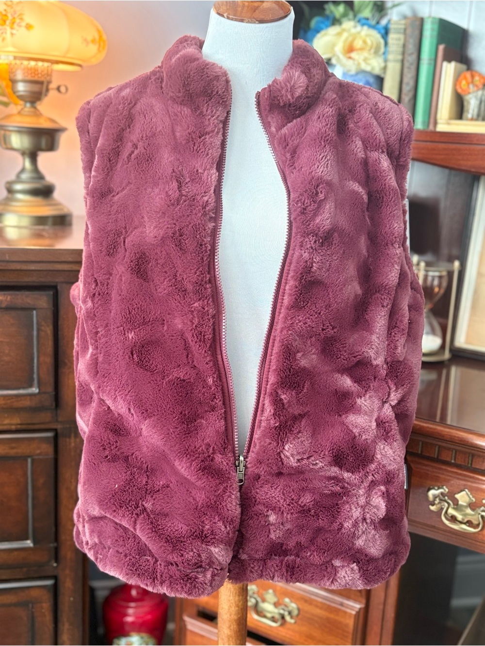 Nicole Miller Original Reversible Faux Fur & Quilted Vest - Wine XL